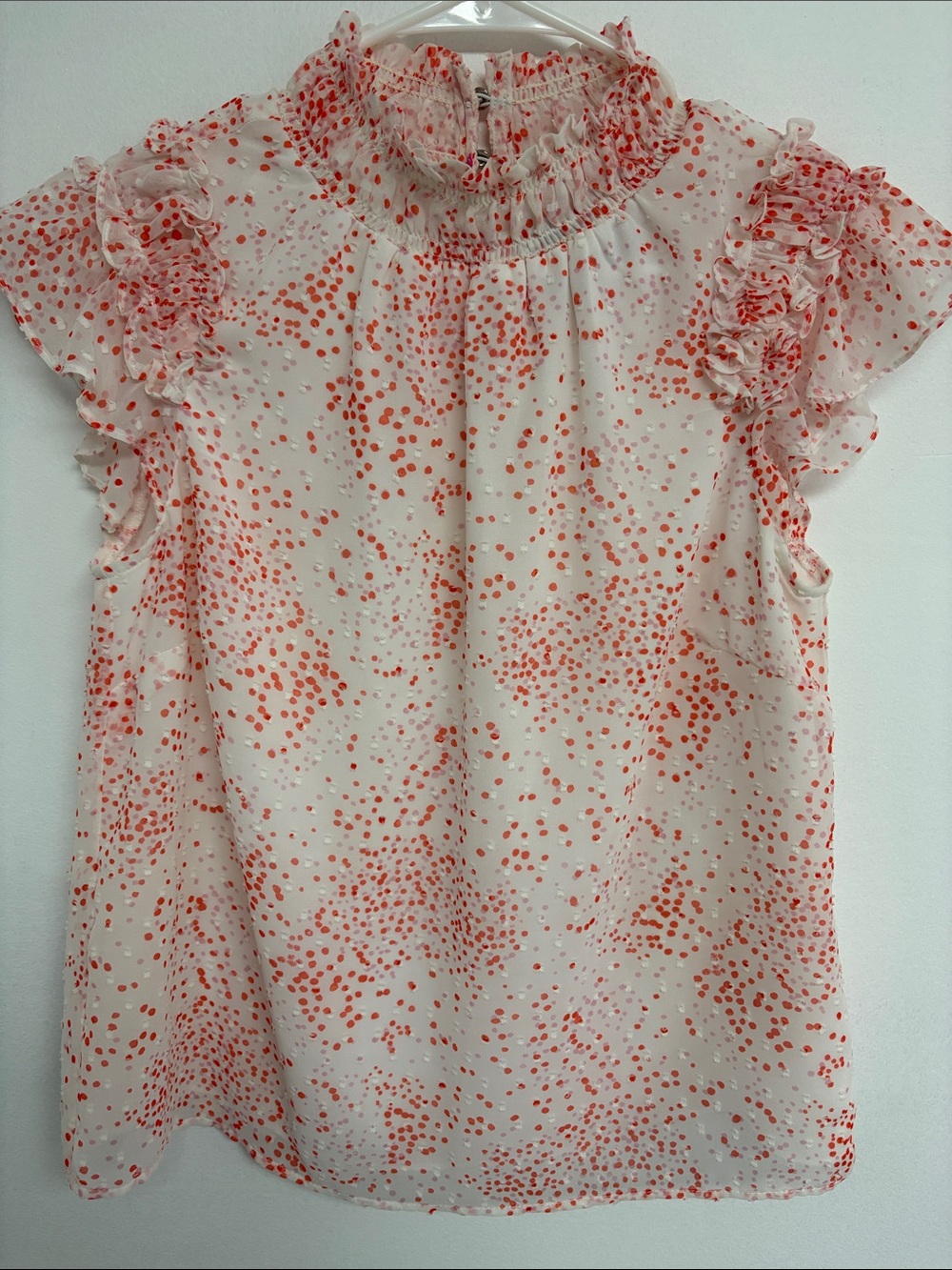 CeCe Ruffle Swiss Dot Blouse Pink Coral Fully Lined Flutter Sleeve Top size Sm